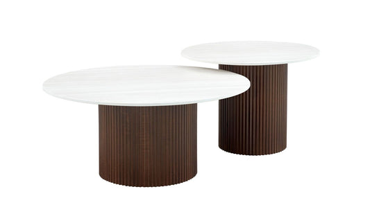 TABLE BASSE GIGOGNE MINA PIED BOIS NOYER PLATEAU CERAMIQUE BOIS BLANC 60x45cm + 80x38cm