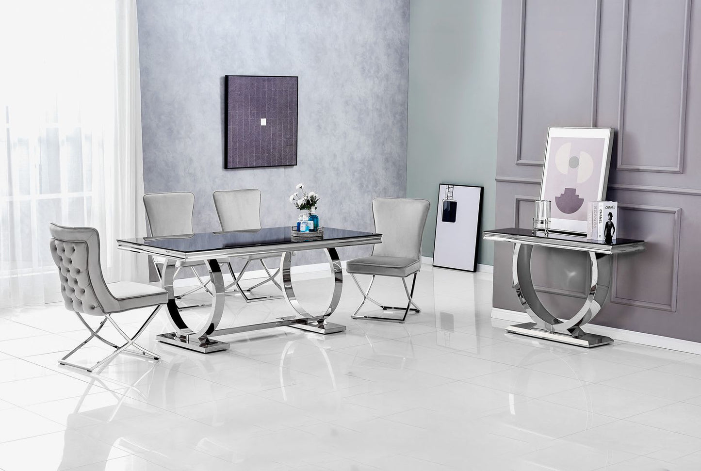 CONSOLE OMEGA CHROME VERRE NOIR 120x40x78 cm