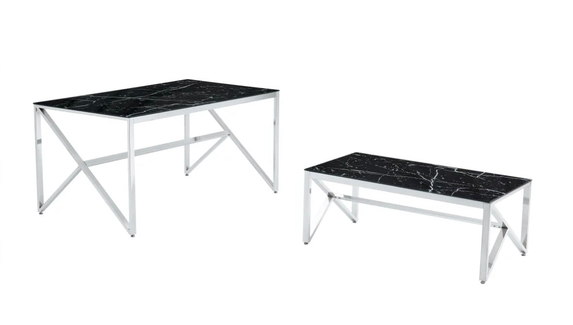 TABLE BASSE MAJESTIQUE CHROME VERRE MARBRE NOIR 120x60x45CM
