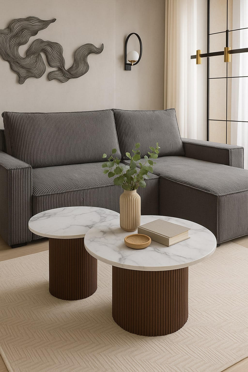 Table basse Mina pied noyer plateau ceramique marbre blanc