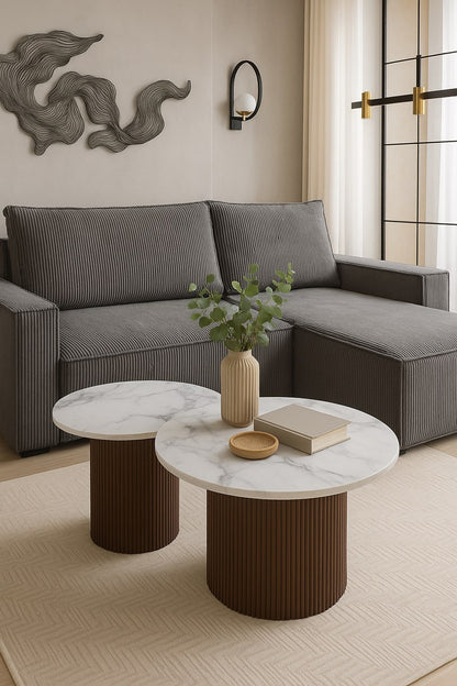 Table basse Mina pied noyer plateau ceramique marbre blanc