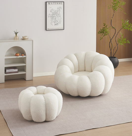 FAUTEUIL PIVOTANT PERLE EN TISSU DOUDOU BEIGE + POUF REPOSE PIED