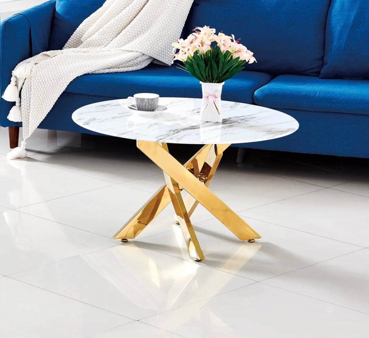 TABLE BASSE RONDE JESSY GOLD MARBRE BLANC 80x45 cm