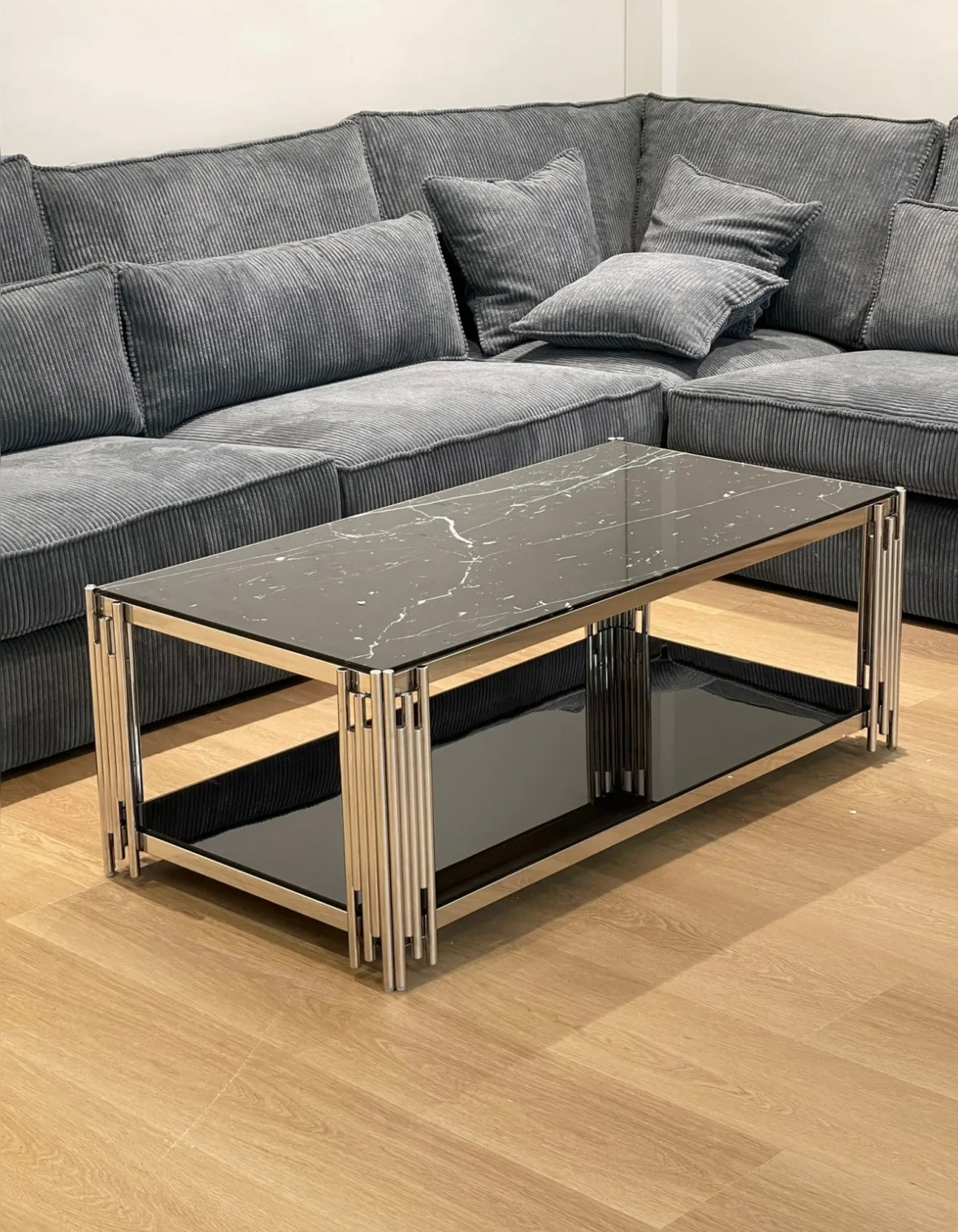 TABLE BASSE FLUTE CHROME VERRE MARBRE NOIR ET VERRE NOIR 120X60X45