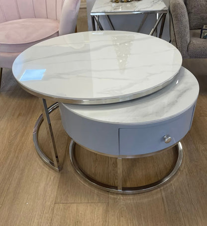 TABLE BASSE GIGOGNE NOVELA TIROIR GRIS PIEDS CHROME MARBRE BLANC 80+60cm