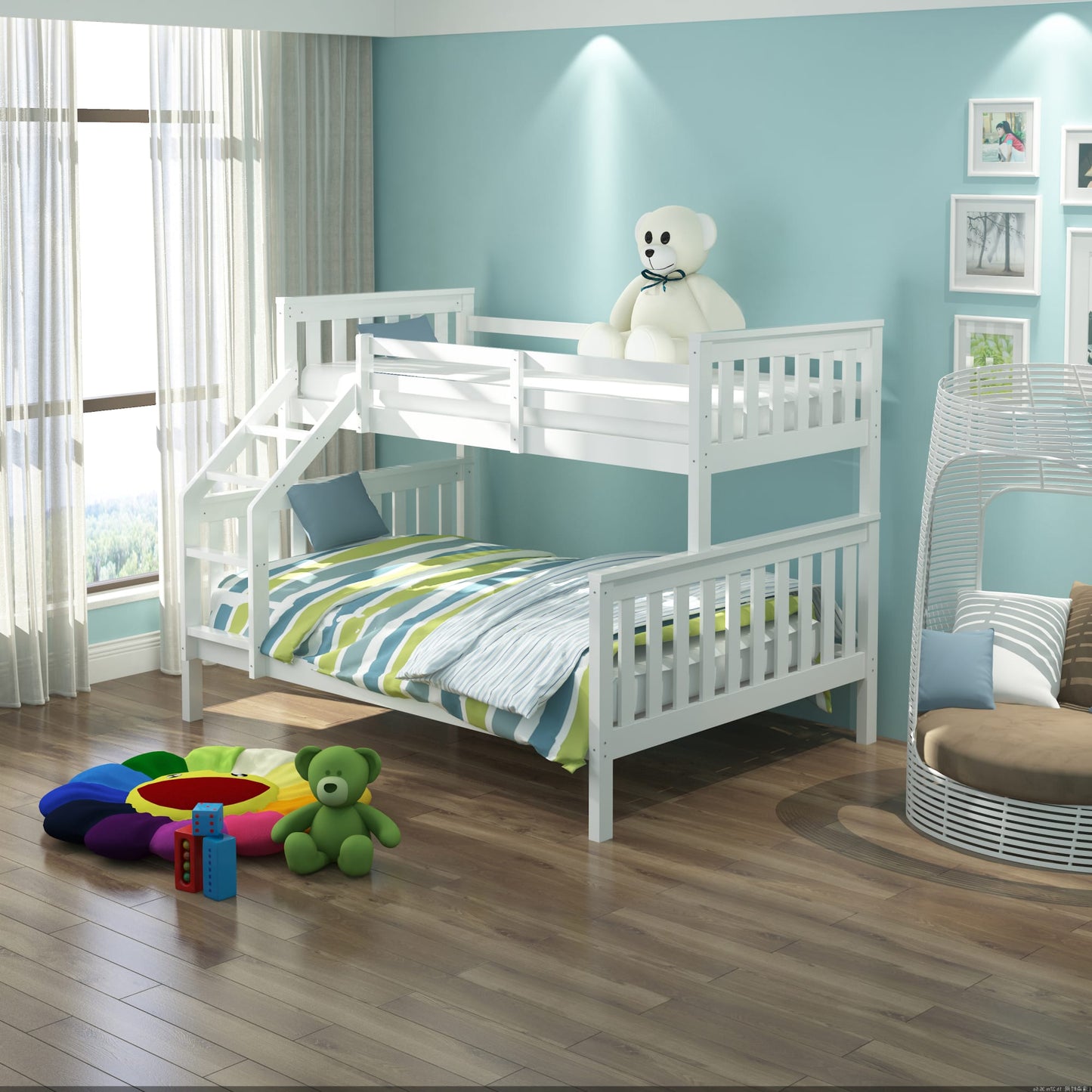 LIT BATNA EN BOIS BLANC 2+1 90X190cm + 140X190cm