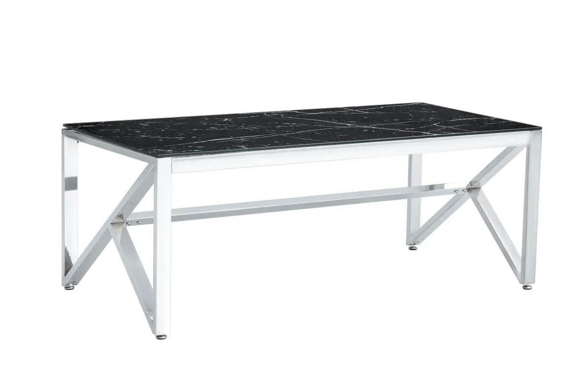 TABLE BASSE MAJESTIQUE CHROME VERRE MARBRE NOIR 120x60x45CM