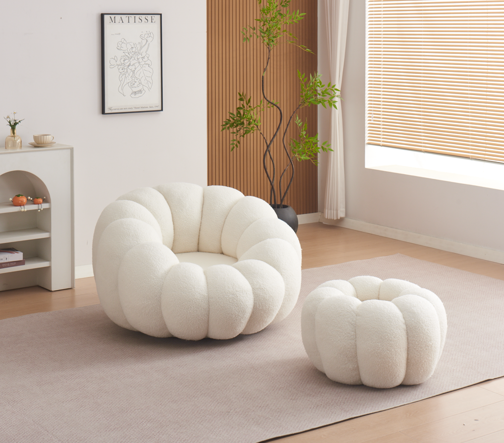 FAUTEUIL PIVOTANT PERLE EN TISSU DOUDOU BEIGE + POUF REPOSE PIED