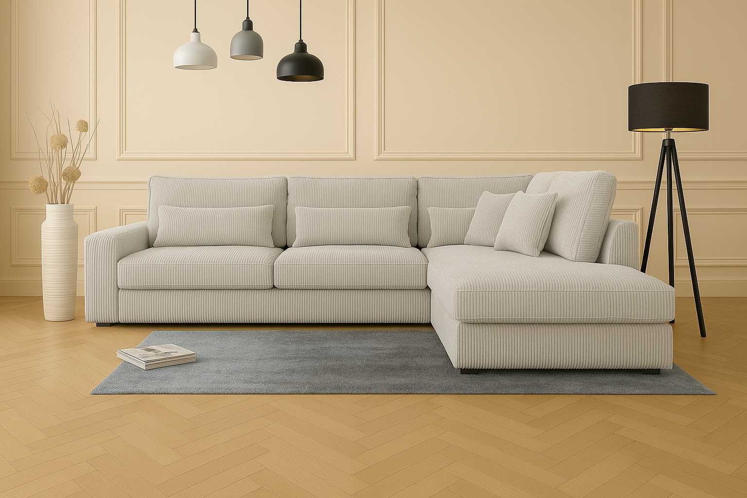 CANAPE LE BRISTOLA ANGLE DROIT CÔTELÉ ÉCRU 315X230cm