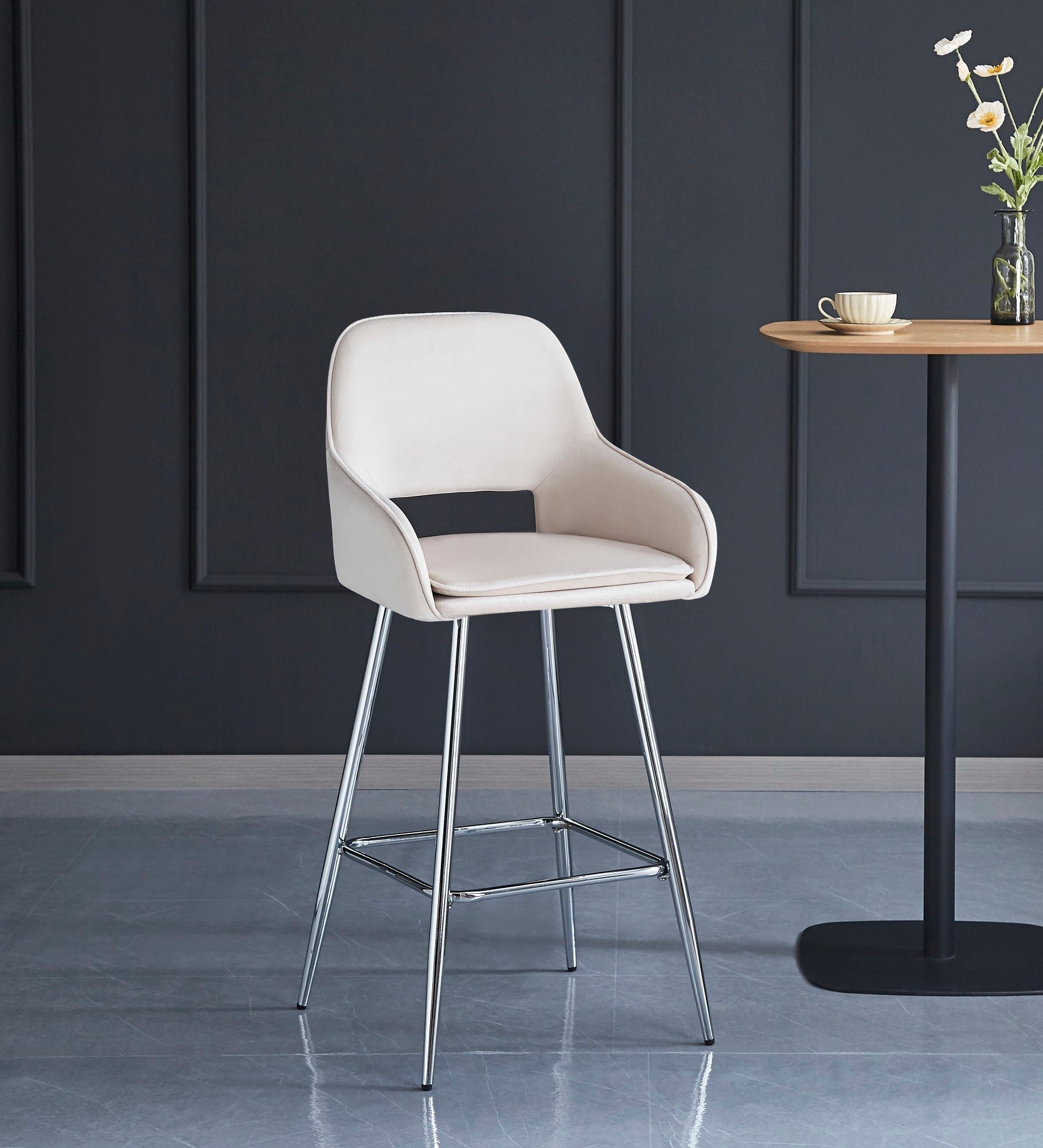 TABOURET DE BAR ATHENA PIED CHROME VELOURS BEIGE