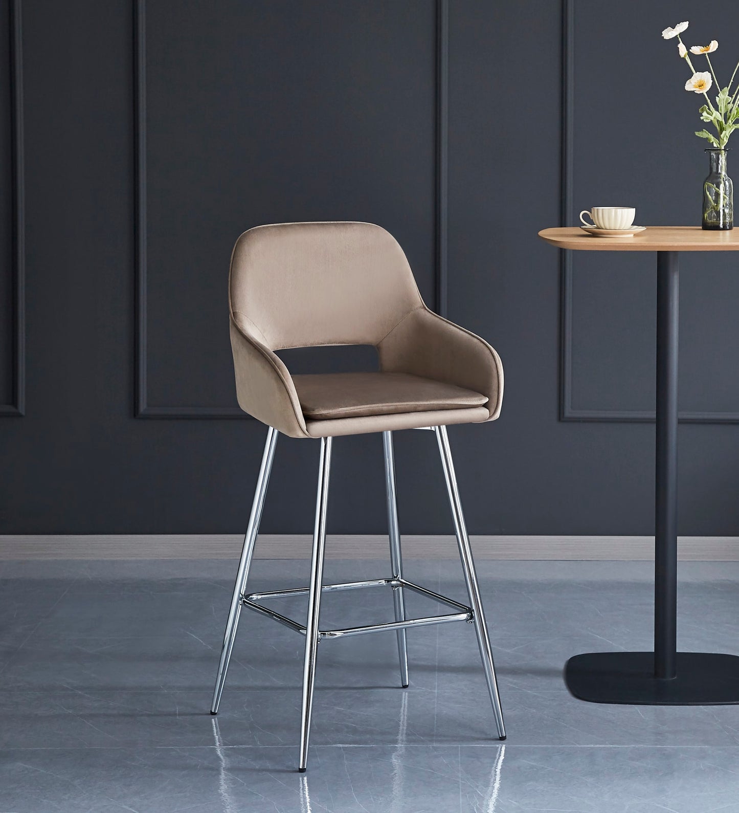 TABOURET DE BAR ATHENA PIED CHROME VELOURS TAUPE