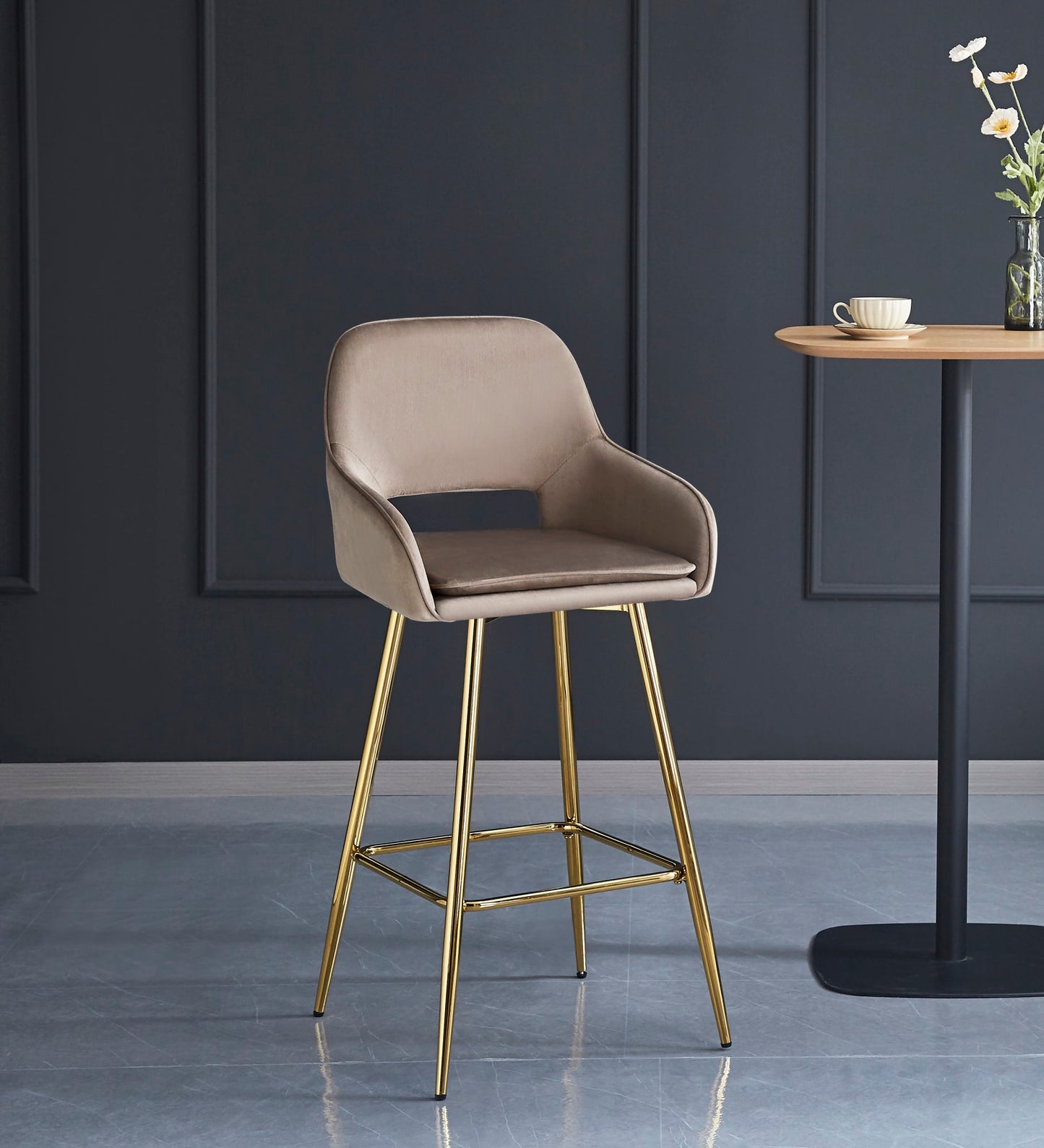 TABOURET DE BAR ATHENA PIED GOLD VELOURS TAUPE
