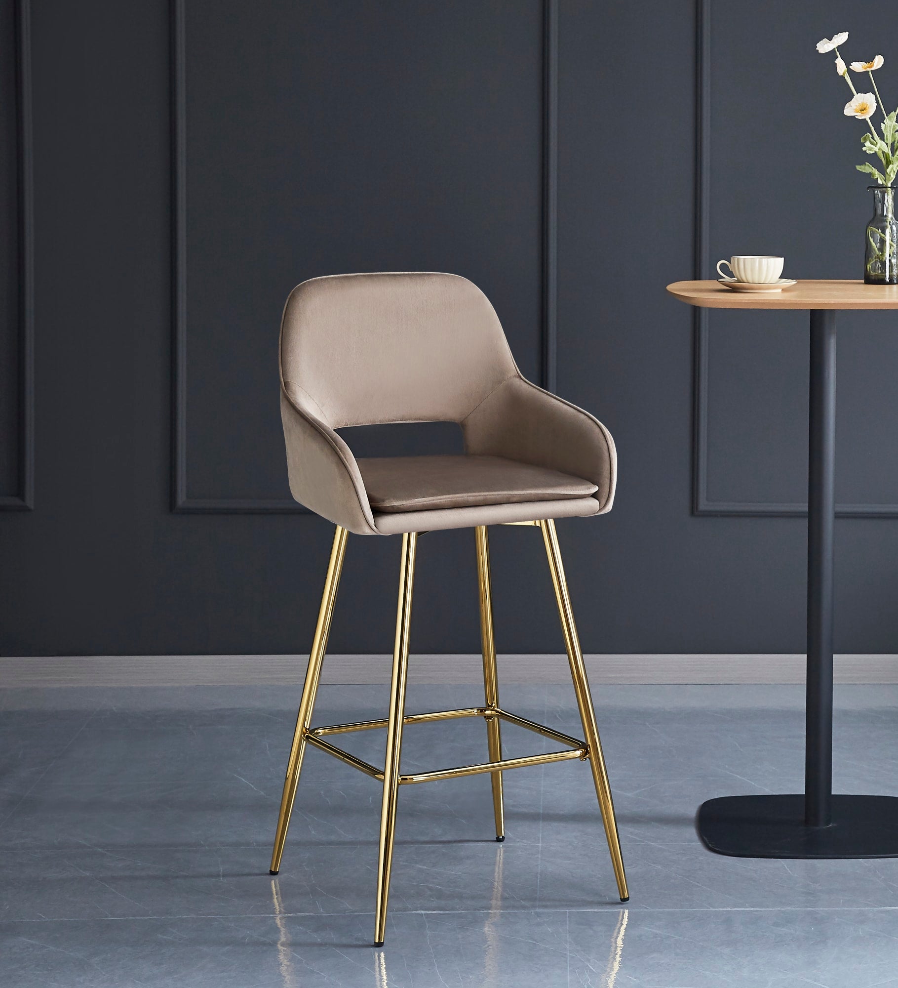 TABOURET DE BAR ATHENA PIED GOLD VELOURS TAUPE