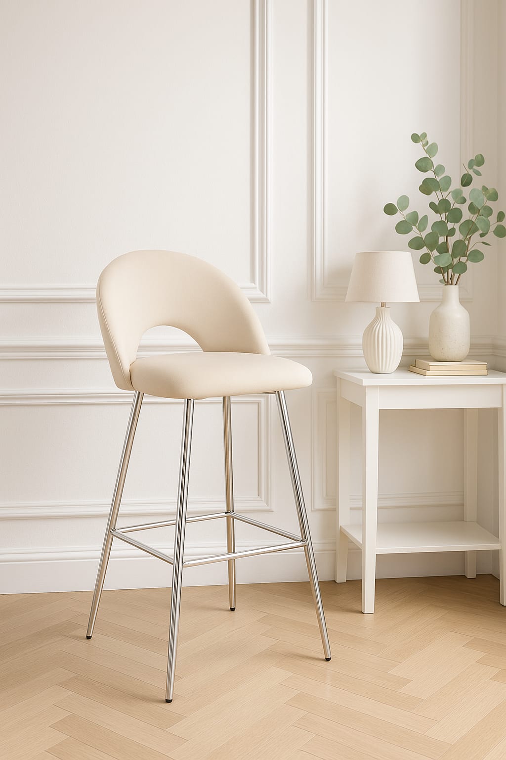 TABOURET DE BAR TEDDY PIED CHROME VELOURS BEIGE