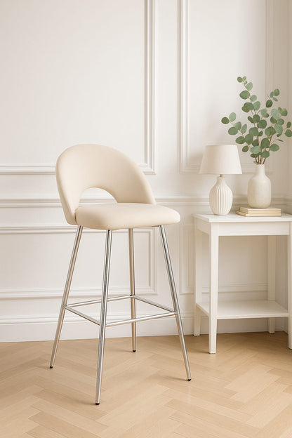 TABOURET DE BAR TEDDY PIED CHROME VELOURS BEIGE