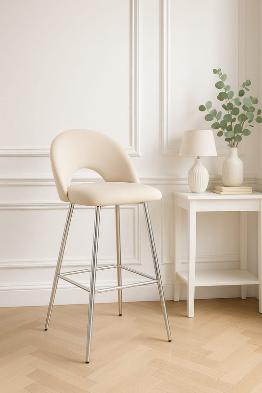 TABOURET DE BAR TEDDY PIED CHROME VELOURS BEIGE