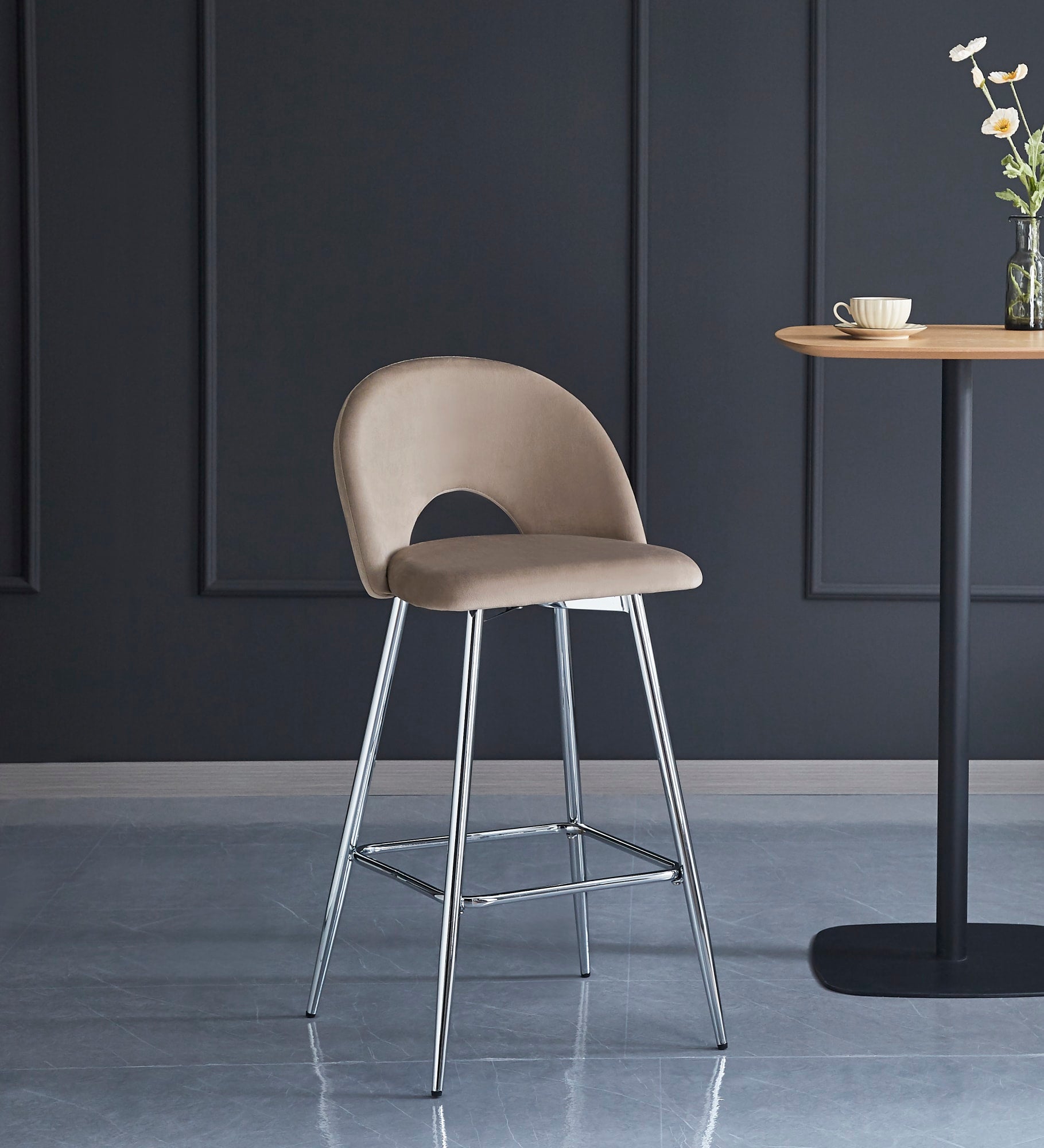 TABOURET DE BAR TEDDY PIED CHROME VELOURS TAUPE