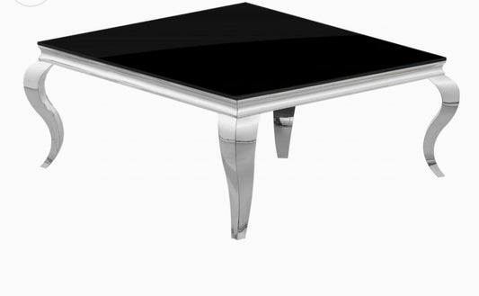 TABLE BASSE BAROQUE CARREE CHROME VERRE NOIR 100x100x45cm