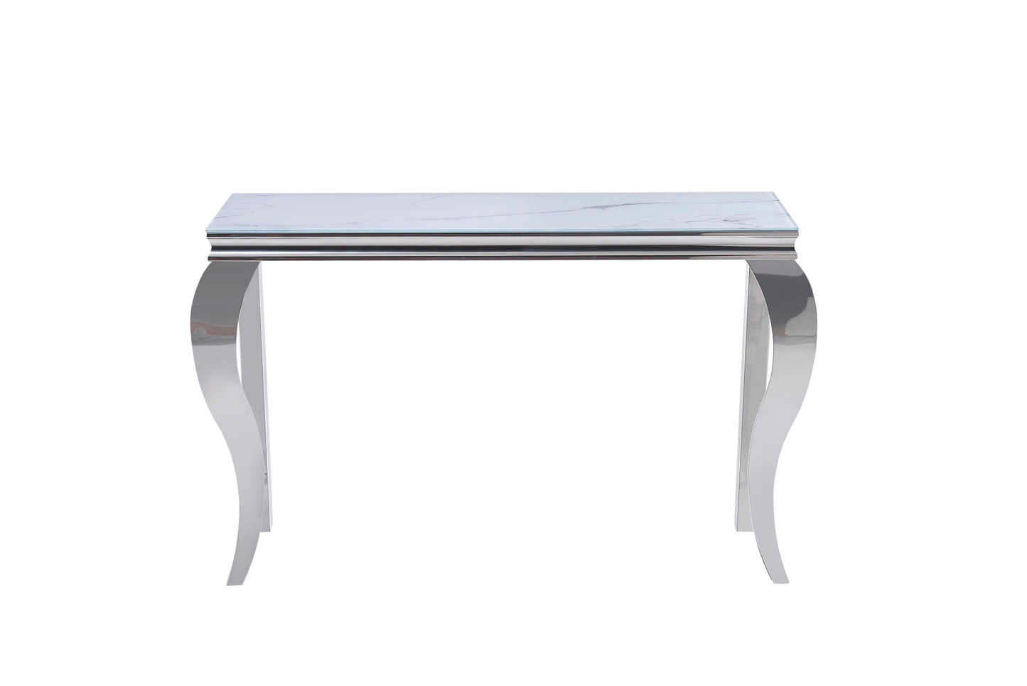 CONSOLE BAROQUE CHROME VERRE MARBRE BLANC 120X40X78
