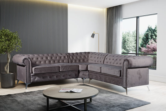 CANAPE D ANGLE CLOUTE TIFFANY VELOURS ANTHRACITE 263x263cm