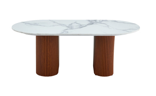 TABLE BASSE ROXY  PIED NOISETTE PLATEAU CERAMIQUE MARBRE BLANC 120