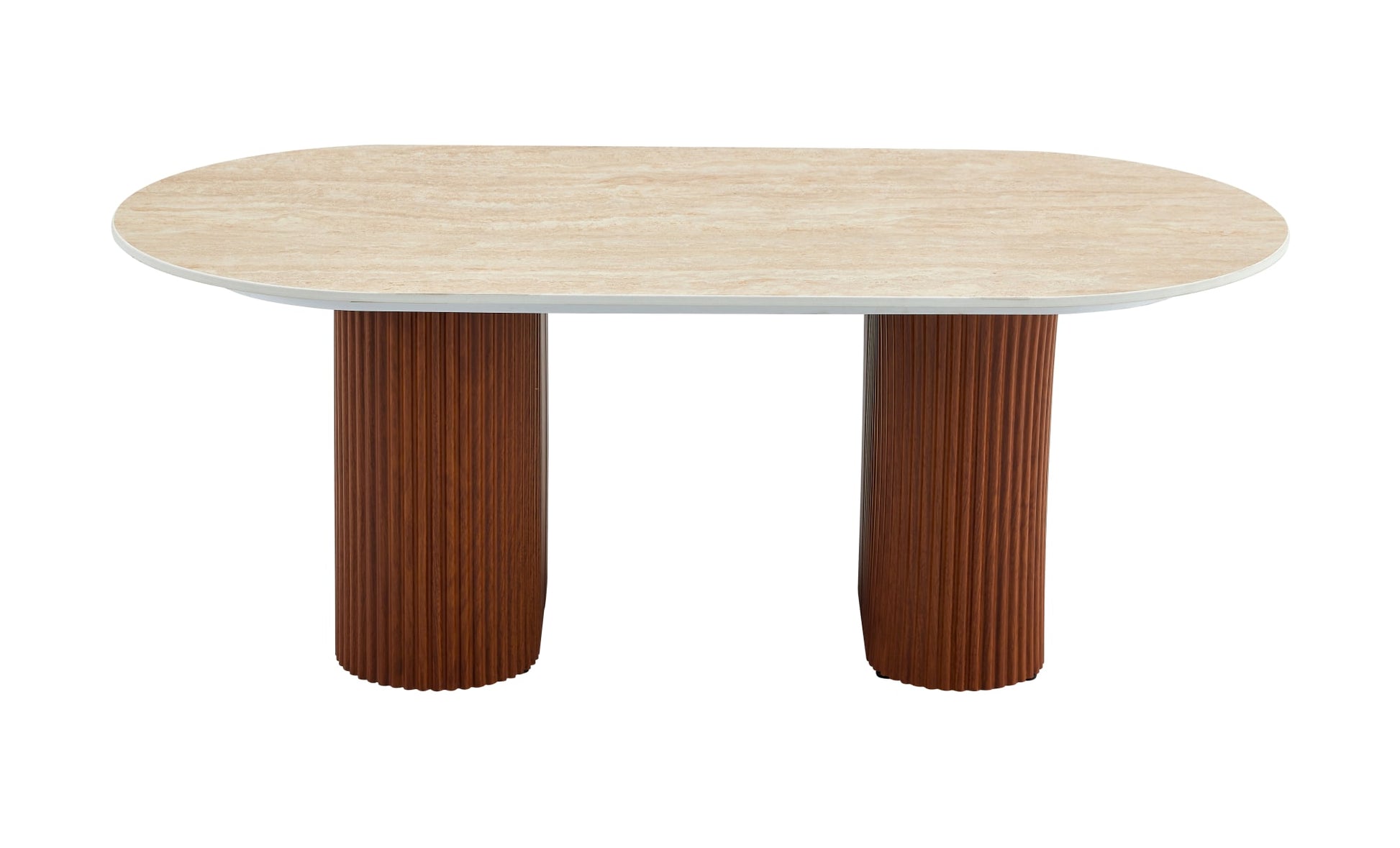 TABLE BASSE ROXY PIED NOISETTE CERAMIQUE TRAVERTIN BRILLANT 120x60x45cm