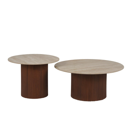 Table basse Mina pied noyer plateau ceramique travertin brillant
