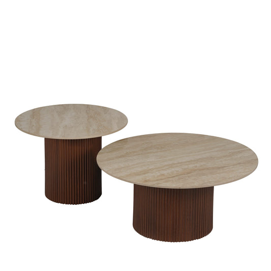 Table basse Mina pied noyer plateau ceramique travertin brillant