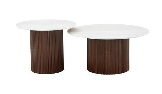 TABLE BASSE GIGOGNE MINA PIED BOIS NOYER PLATEAU CERAMIQUE BOIS BLANC 60x45cm + 80x38cm