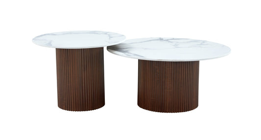 Table basse Mina pied noyer plateau ceramique marbre blanc