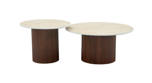 Table basse Mina pied noyer plateau ceramique travertin mat