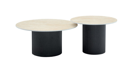 TABLE BASSE GIGOGNE MINA PIED NOIR PLATEAU CERAMIQUE TRAVERTIN MAT 60x45cm + 80x38cm