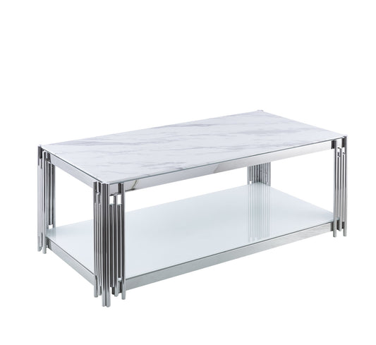 TABLE BASSE FLUTE CHROME BLANC ET MARBRE BLANC 120X60cm