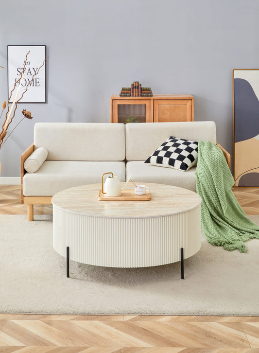 TABLE BASSE RUBY PIED BEIGE CERAMIQUE EFFET TRAVERTIN MAT 90cm