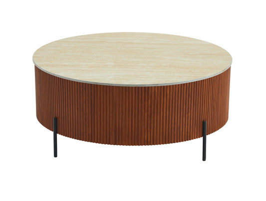 TABLE BASSE RUBY PIED EFFET NOISETTE CERAMIQUE EFFET TRAVERTIN MAT 90cm
