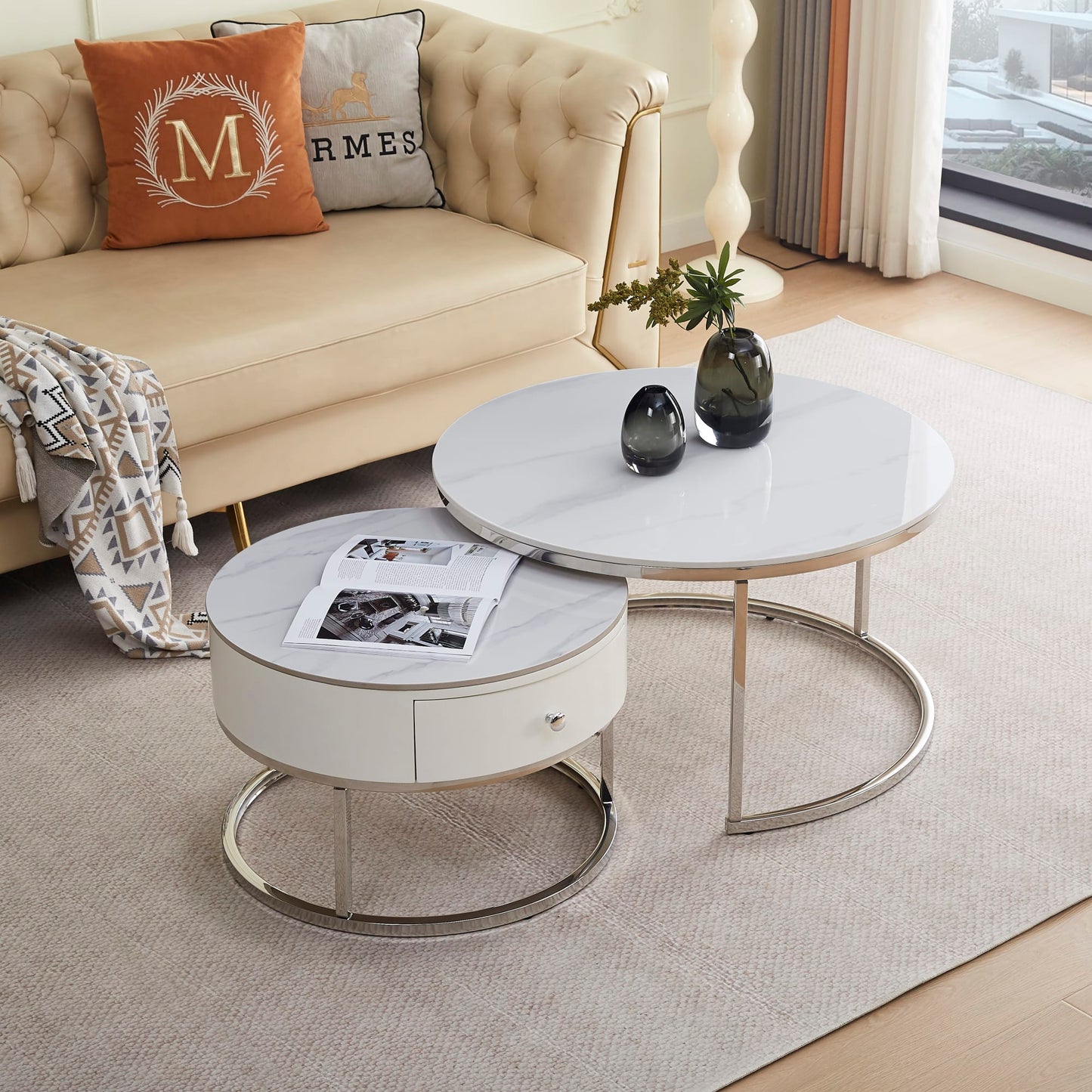 TABLE BASSE GIGOGNE NOVELA PIED CHROME PLATEAU CERAMIQUE MARBRE BLANC 80+60