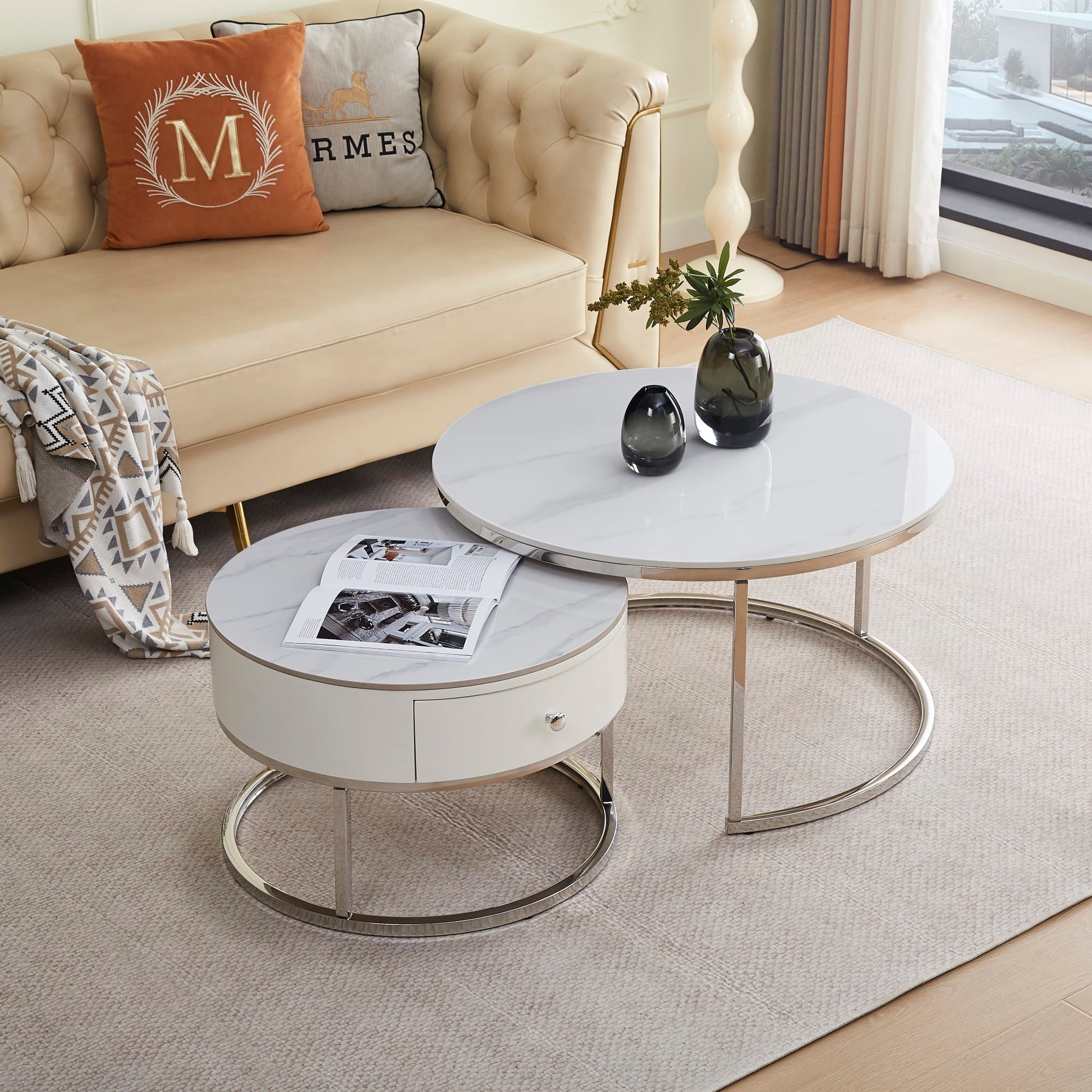 TABLE BASSE GIGOGNE NOVELA PIED CHROME PLATEAU CERAMIQUE MARBRE BLANC 80+60