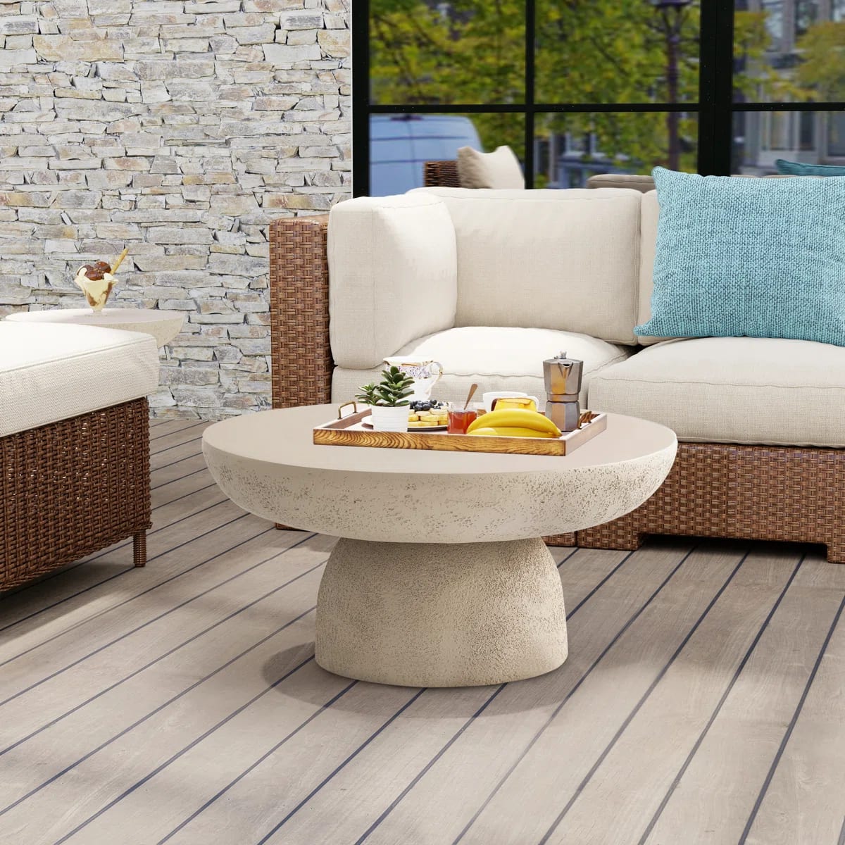 TABLE BASSE GALET FIBRE DE VERRE RENFORCEE EFFET TRAVERTIN MAT