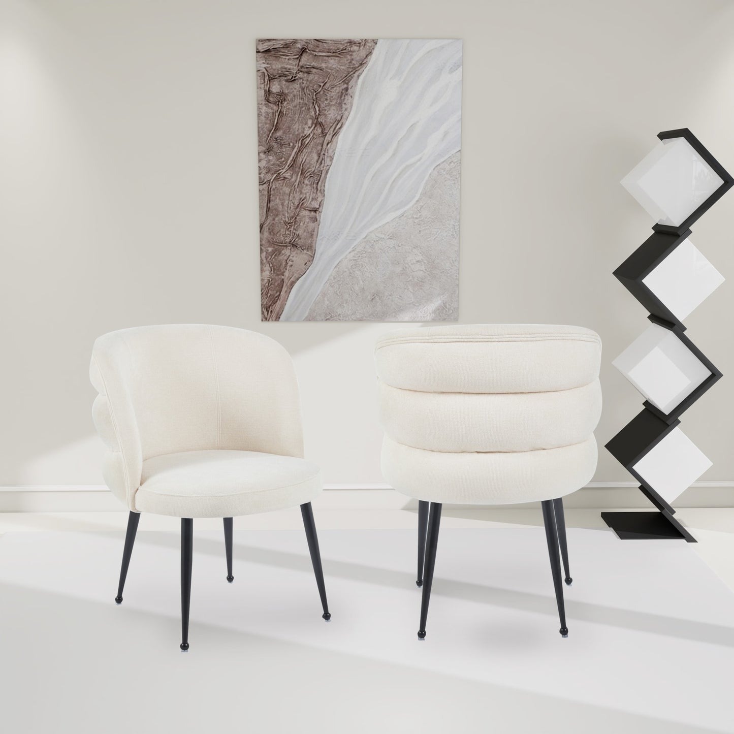 CHAISE SACHA PIEDS METAL NOIR ASSISE ECRU TISSU EFFET LIN
