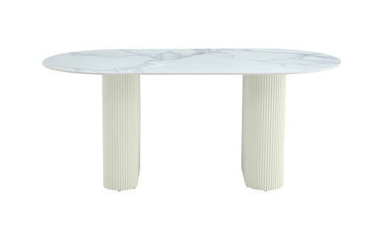 TABLE A MANGER ROXY PIED BEIGE CERAMIQUE MARBRE BLANC 180x90cm
