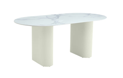 TABLE A MANGER ROXY PIED BEIGE CERAMIQUE MARBRE BLANC 180x90cm