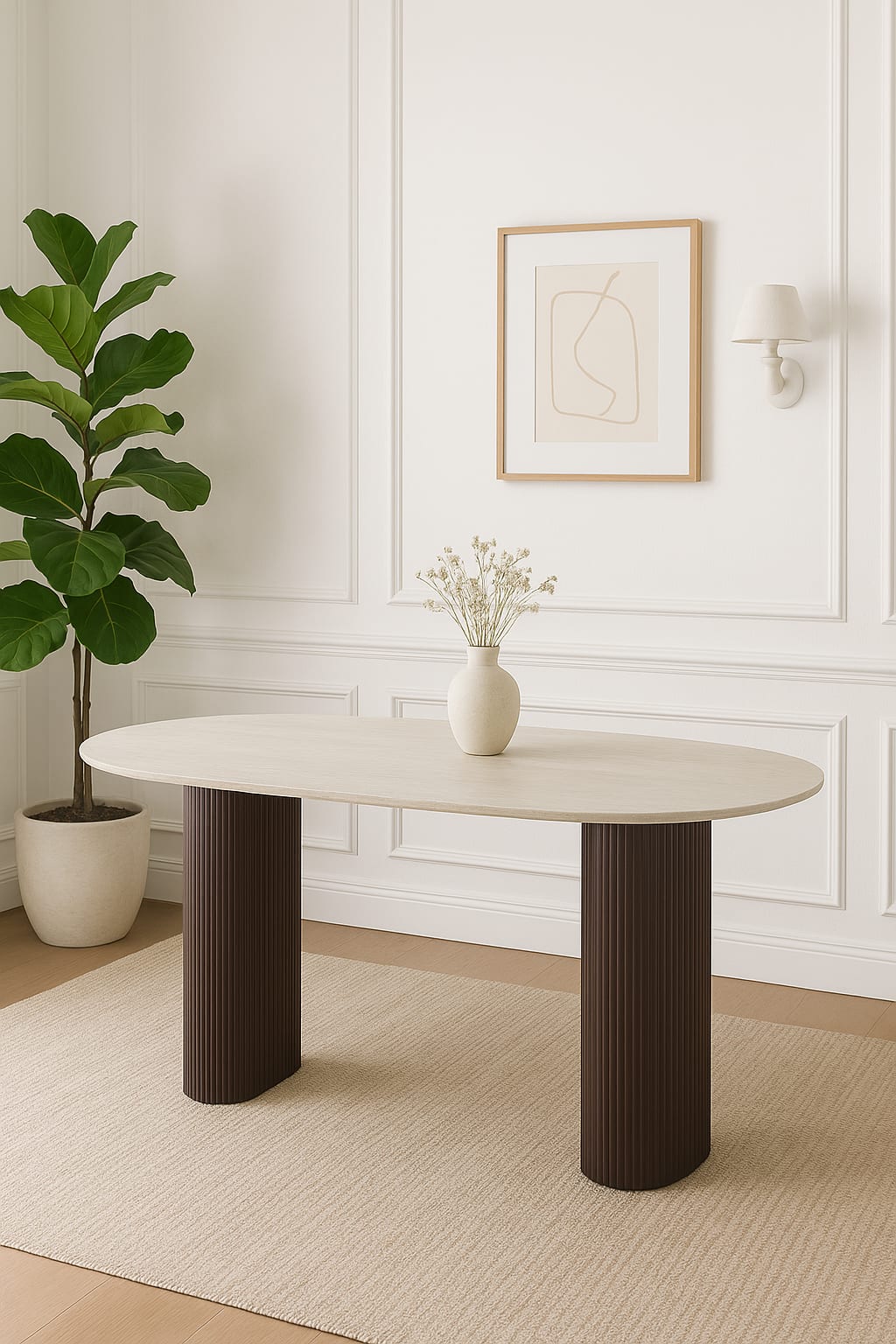 TABLE A MANGER ROXY PIED NOYER PLATEAU CERAMIQUE TRAVERTIN BRILLANT 180CM