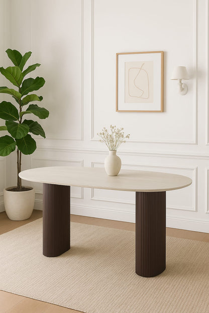 TABLE A MANGER ROXY PIED NOYER PLATEAU CERAMIQUE TRAVERTIN BRILLANT 180CM
