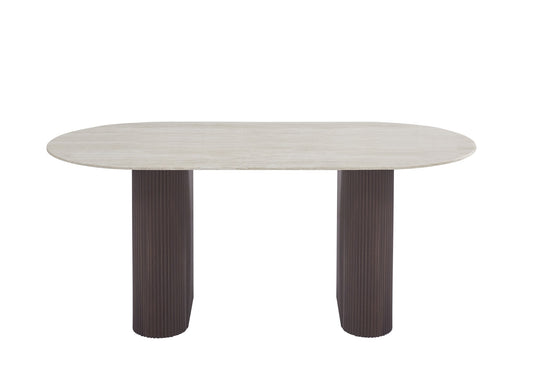 TABLE A MANGER ROXY PIED NOYER PLATEAU CERAMIQUE TRAVERTIN BRILLANT 180CM