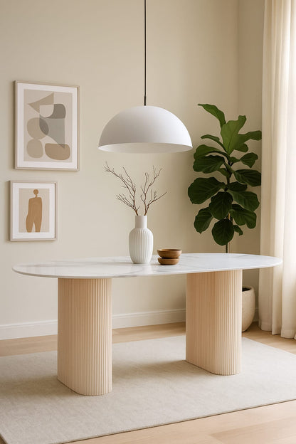 TABLE A MANGER ROXY PIED EFFET TRAVERTIN CERAMIQUE MARBRE BLANC 180X90CM