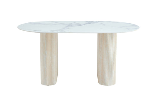 TABLE A MANGER ROXY PIED EFFET TRAVERTIN CERAMIQUE MARBRE BLANC 180X90CM