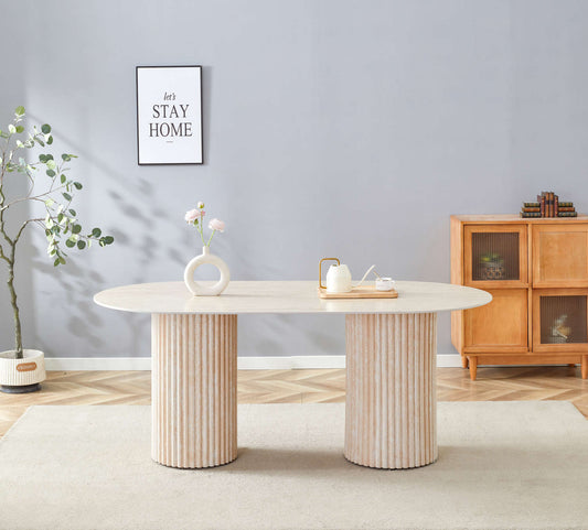 TABLE A MANGER KEYSHA PIED TRAVERTIN PLATEAU CERAMIQUE TRAVERTIN MAT 160CM