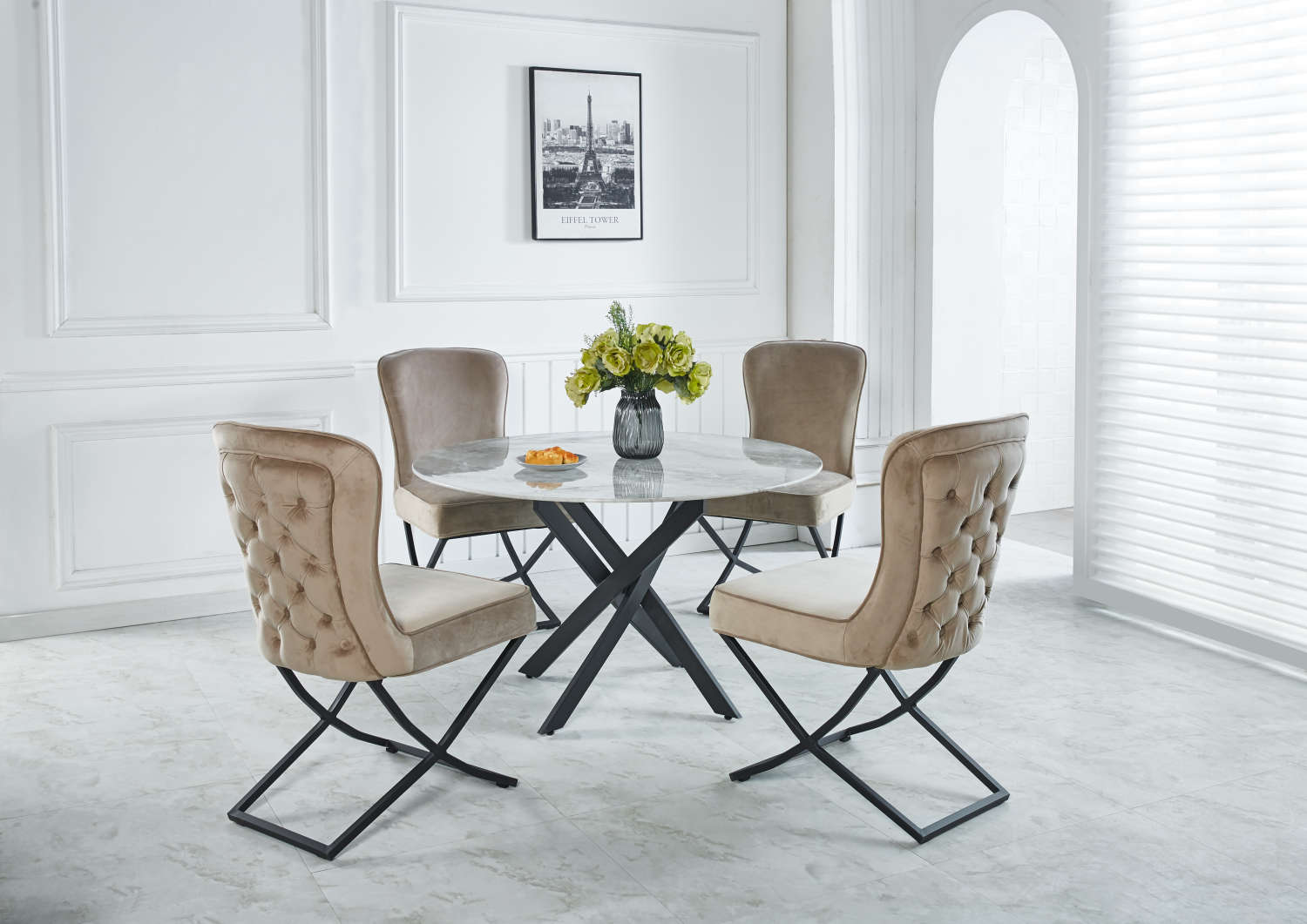 TABLE REPAS JESSICA METAL NOIR MARBRE GREIGE 120x75cm