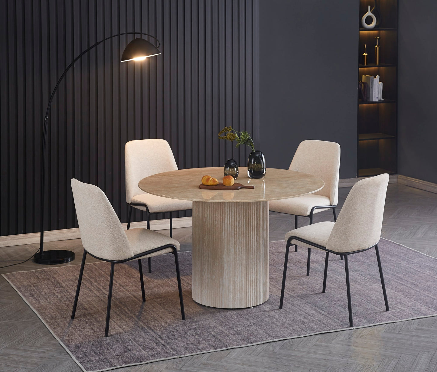 TABLE A MANGER BAIETAA CERAMIQUE EFFET TRAVERTIN PIED TRAVERTIN 120x75CM