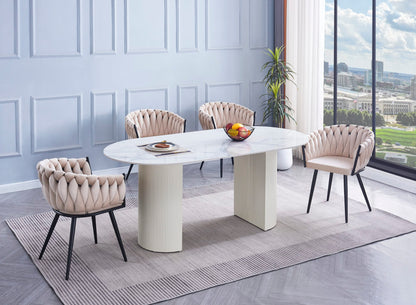 CHAISE AVEC ACCOUDOIR TRESSEE PIED METAL NOIR VELOURS BEIGE